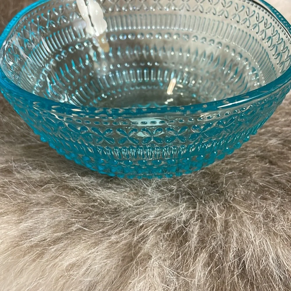NWT Crate & Barrel Aqua Pressed Glass Phoebe Yogurt Bowl